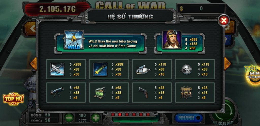 Giá trị thưởng trong game Call of War